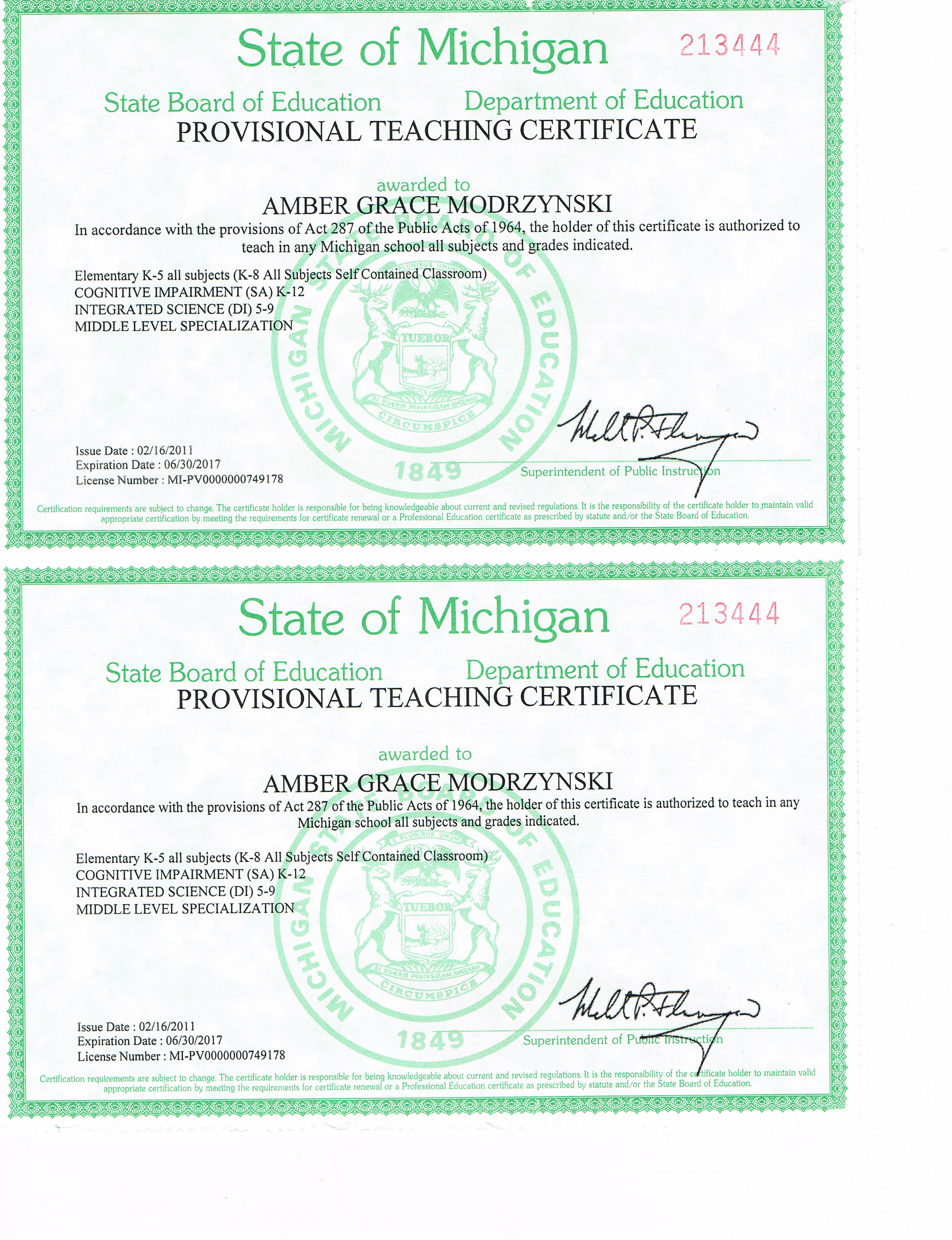Provisional Teaching Certificate Amber Modrzynski s Portfolio